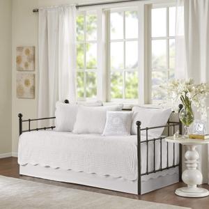 Madison Park Daybed Cover Set Damask Quilted Cover for Daybeds, All Season, Pre-washed Cotton-Filled Coastal Bedding with Scallop Edge, Shams, Bedskirt, Dcor Pillows, Tuscany, White, 39"x75", 6 Piece