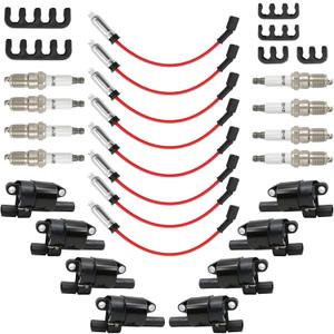 Set of 8 UF414 Round Ignition Coil Set with 41-962 Spark Plugs & 12192192 748UU Spark Plug Wires Set, Compatible with Chevy GMC 1500 2500 3500 4.8L 5.3L 6.0L 1999-2007, Replace C1512 D514A E894 IC534