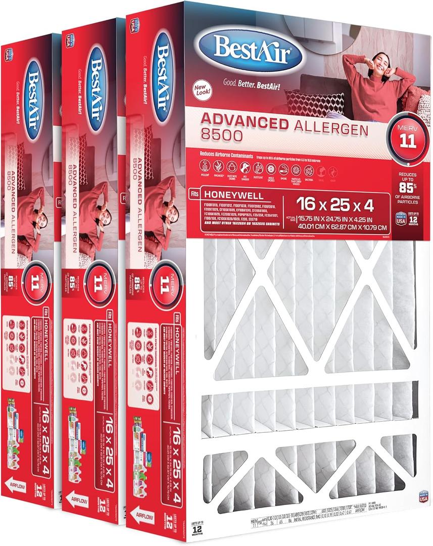 BestAir HW1625-11R AC Furnace Air Filter, 16" x 25" x 4", MERV 11, Removes Allergens & Contaminants, Fits 100%, For Honeywell Models, Pack of 3