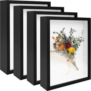 4 Pack 8"x 10" Shadow Boxes Frame Display Cases Wood Deep Shadowbox for Photos, Dried Flowers, Handicrafts Picture Frames for Wall Tabletop (Black, 8x10)