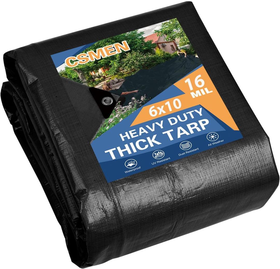 Tarp Heay Duty Waterproof 6x10ft,Black Tarp Cover Plastic Poly Tarpaulin for Outdoor Cover,Emergency Rain,Roof, Pool, Boat,Camping - Multipurpose with 16Mil Thickness