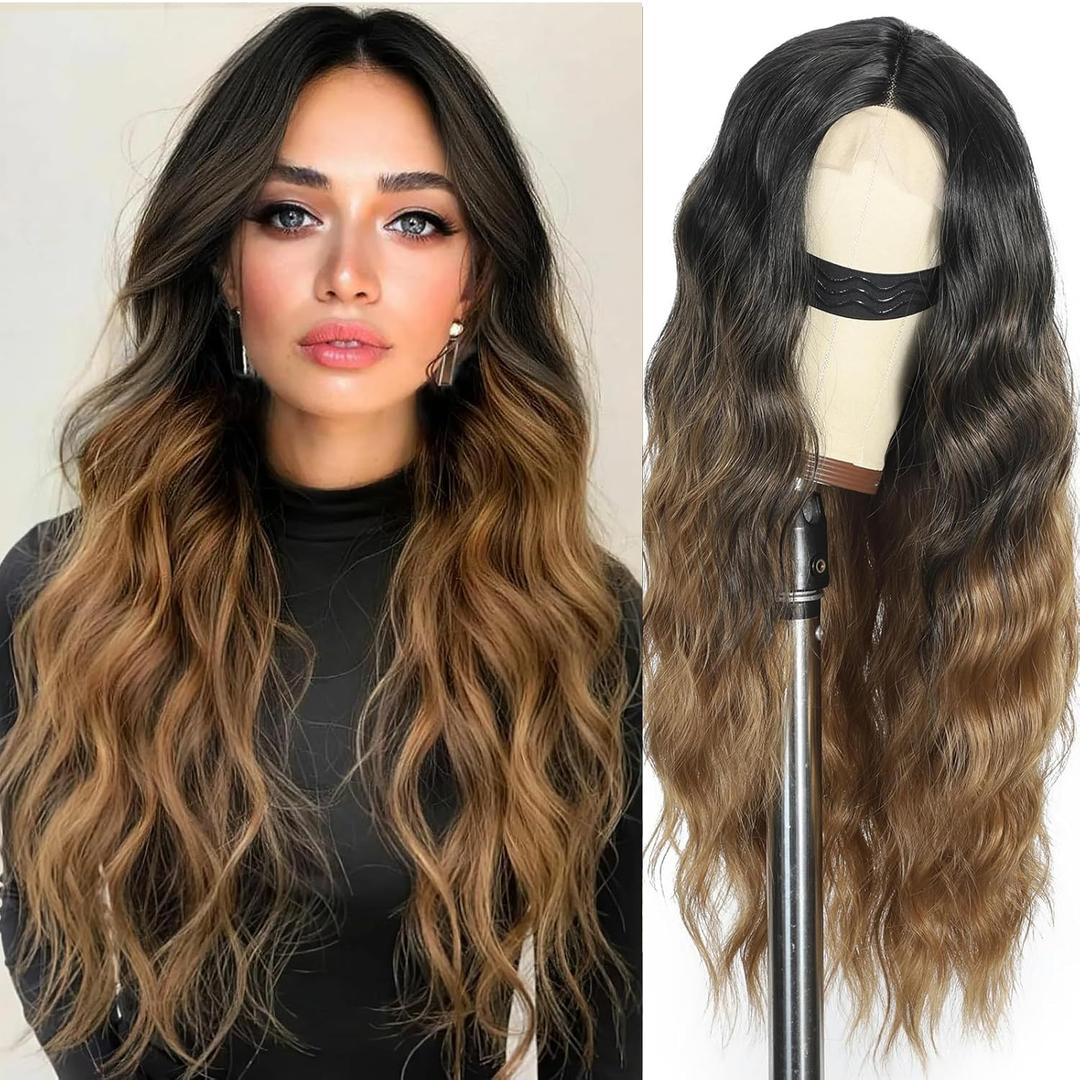 SCENTW Ombre Brown Wig for Women 26inches Long Wavy Wig Black To Brown Beginner Friendly Glue less Lace Hairline Middle Part Synthetic Heat Resistant Wig for Daily Party