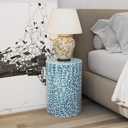 PEMAR Mother of Pearl Inlaid Cylinder Drum End Table Nacre Capiz Shell Side Table Stool Drum Accent Table Coffee Bedside Side Table Round Nightstand and Vanity Stool (Teal Floral), 13"d X19.3"h