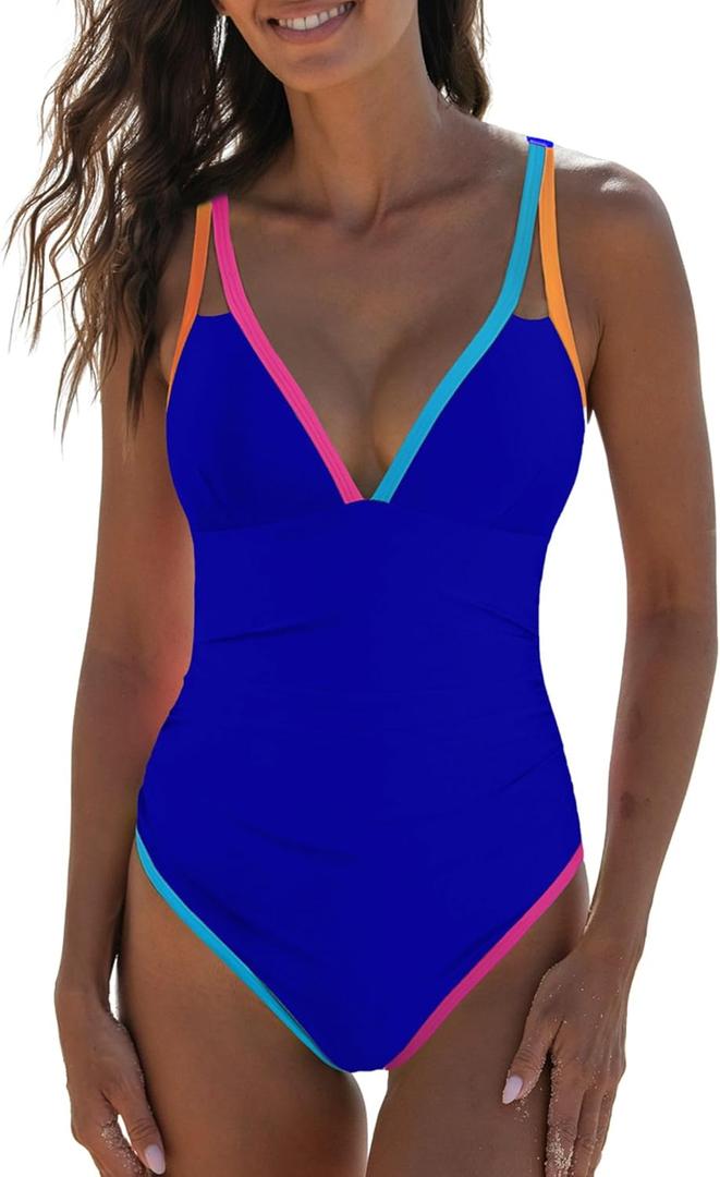 popvil Women's One Piece 2025 Tummy Control Swimsuits Neon Color Block Swimwear Deep V Neck Slimming Bathing Suit (Large, Royal Blue)