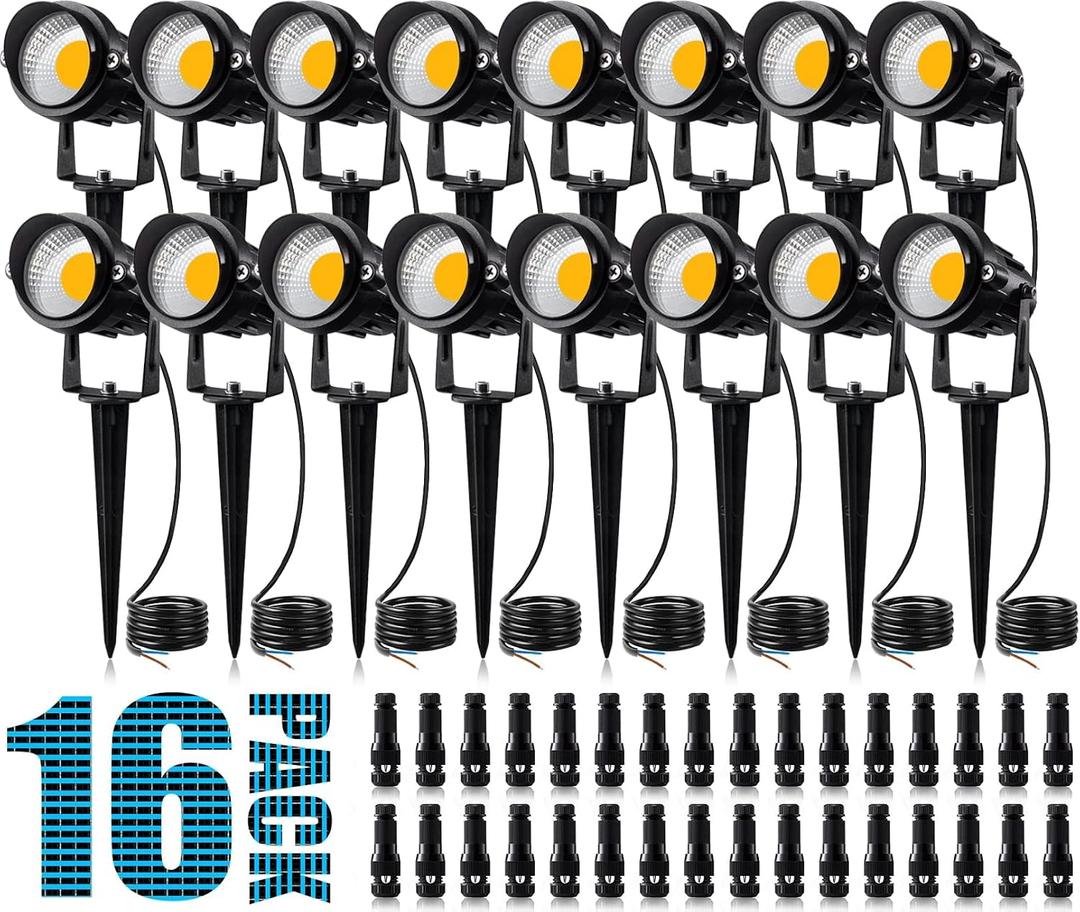 SUNVIE 12W Low Voltage Landscape Lighting Landscaping Lights with Connectors Outdoor LED Landscape Light 3000K Waterproof Tree Flag Lights Low Voltage Lighting with Stand for Garden Yard Path, 16 Pack
