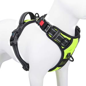PHOEPET No Pull Dog Harness Medium Reflective Front Clip Vest with Handle,Adjustable 2 Metal Rings 3 Buckles,[Easy to Put on & Take Off](M, Green) (Medium, Green)