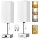 Table Lamp for Bedroom set of 2,3-Color Bedside Lamps with Pull Chain Table Lamps for Nightstand with AC Outlets,18'' Night Light Lamps with 2 Bulbs Lamps for Living Room Kids Office Decor（Nickel）