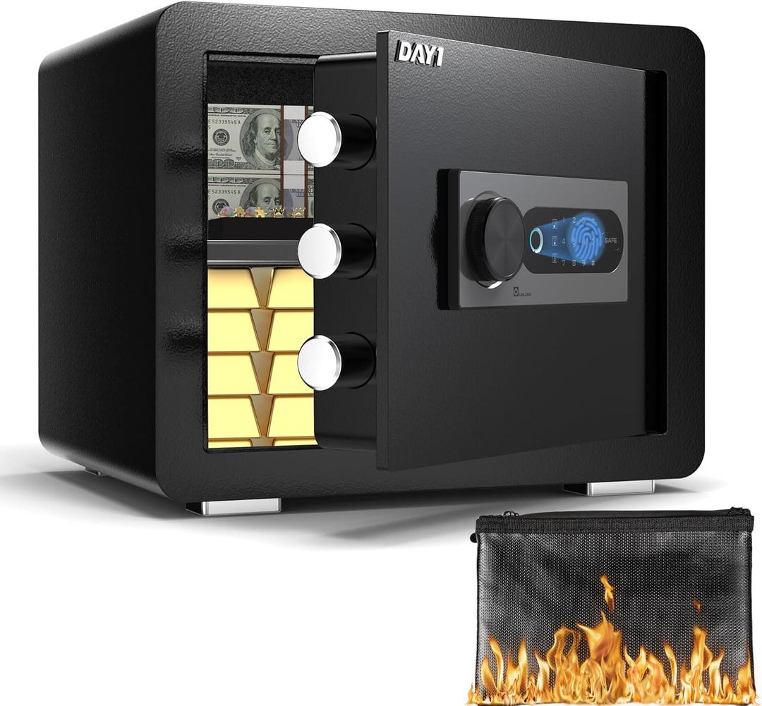 DAYI Biometric Fingerprint Safe Box, 0.8 Cubic Feet Home Safes with Fireproof Bag, Digital Touchpad Security Safe for Money Cash Documents, Dual Alarm System - DF-25 (0.8 Cubic Feet)