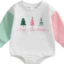 ZAXARRA Newborn Baby My First Christmas Outfit Girl Boy Christmas Clothes Cute Santa Sweatshirt Bubble Romper for Fall Winter (6-12 Months, White)