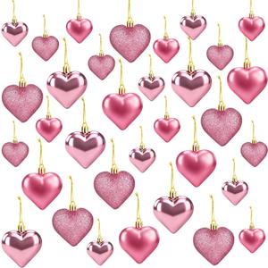 36Pcs Valentines Day Heart Ornaments, 2 Size Heart Shaped Valentine Ornaments for Tree, Pink Glitter Baubles, Anniversary Romantic Valentine's Day Tree Hanging Decorations