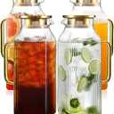 4 Pack 2 Liter/68 oz Square Glass Pitcher with Lid, Classic Stripes Water Pitchers with Handle for Fridge, Large Jug for Iced Tea, Coffee, Borosilicate Glass Carafe for Hot/Cold Brew Drink, Gold