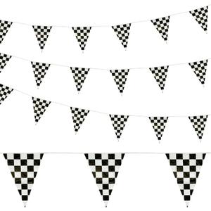 4Es Novelty Checkered Flag Banner 100 Ft - Plastic, Racing Birthday Decorations Banner with Large 12"x18" Pennants. Black and White Checkered Decor for Race Car-Themed Birthday Party Supplies