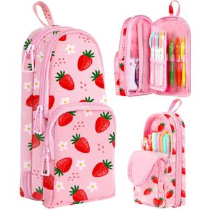 Cute Strawberry Pencil Case,Unique Aesthetic 3D Schoolbag-Shaped Pencil Pouch for Girls Boys Kids Women,Big Capacity Pen and Pencil Stationery Organizer Bag with Zippers for School Office
