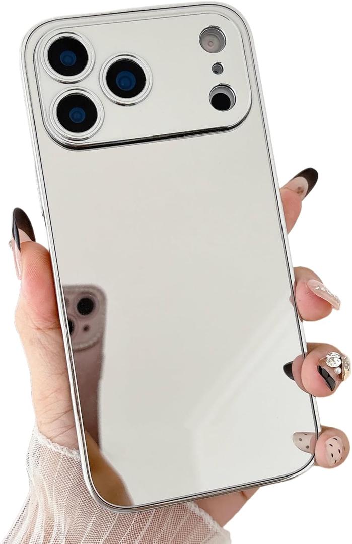 Compatible with iPhone 17 Pro Max Mirror Case for Women Girls Makeup Cute Luxury Glossy Mirror Back Silver Plating Design with Camera Full Protective Shockproof Cover
