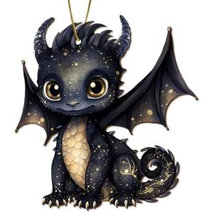 365RUSTIC Black Dragon Christmas Tree Keepsake Ornaments, Funny Dragons Themed 2 Side Printed Flat Wooden Ornament, Xmas Hanging Decor