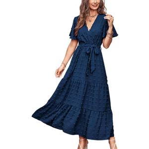 MASCOMODA Womens Summer Swiss Dot Maxi Dresses Wrap V Neck Flutter Short Sleeve Boho Casual Flowy Long Wedding Guest Dress (Blue, L)