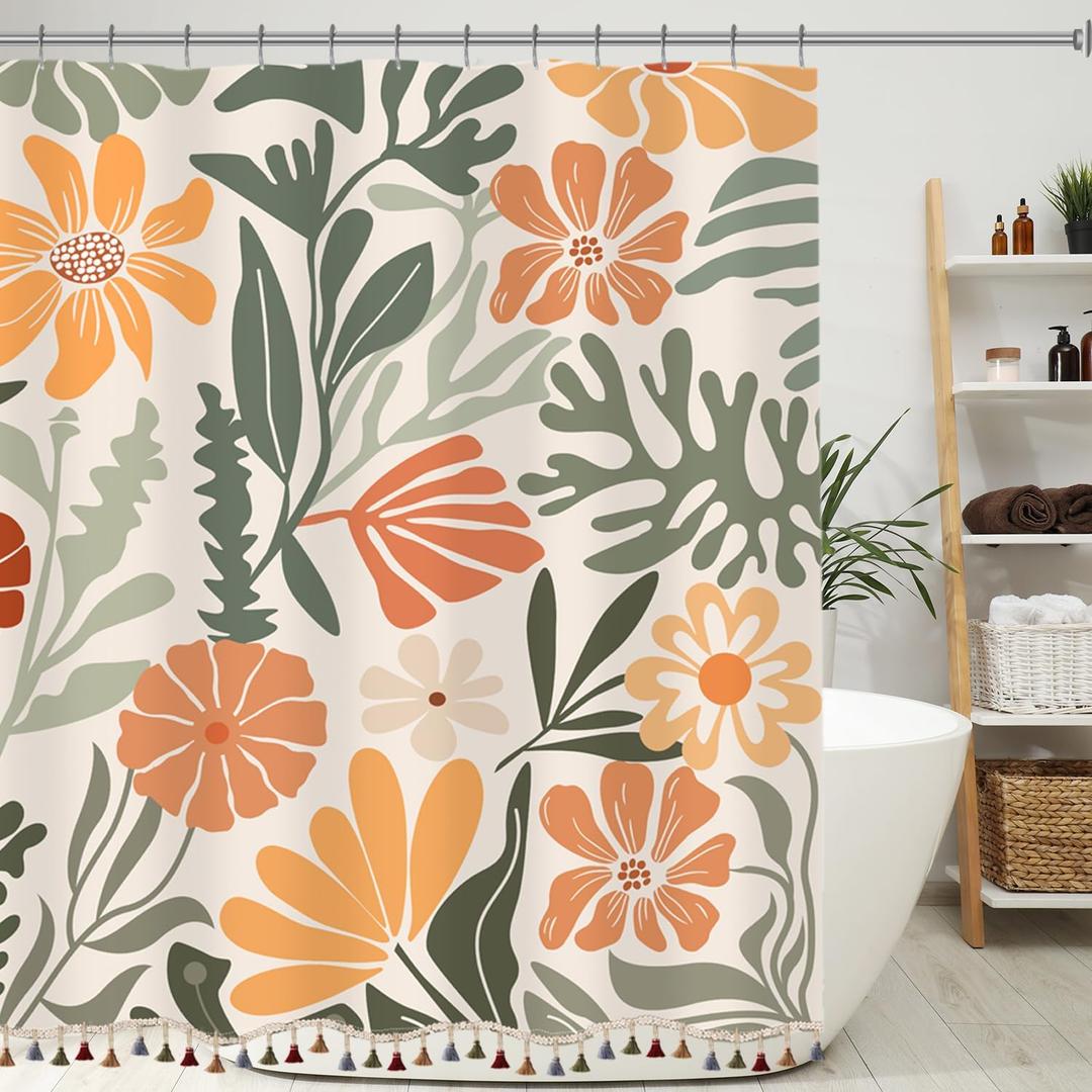 Boho Floral Shower Curtain with Tassels, Abstract Flower Tassel Shower Curtain for Bathroom 72x72 Inch Waterproof Fabric Set with 12 Hooks Bohemian Country Modern Bath Curtain Bathtub Decor