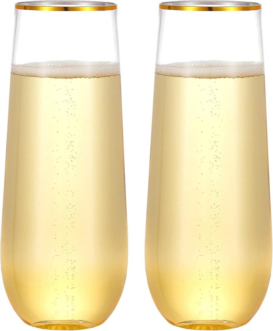N9R 24PCS Plastic Champagne Flutes, 9 Oz Stemless Disposable Gold Rim Toasting Glasses, Crystal Clear Cocktail Cups Drinkware Shatterproof Ideal for Party Wedding Birthday