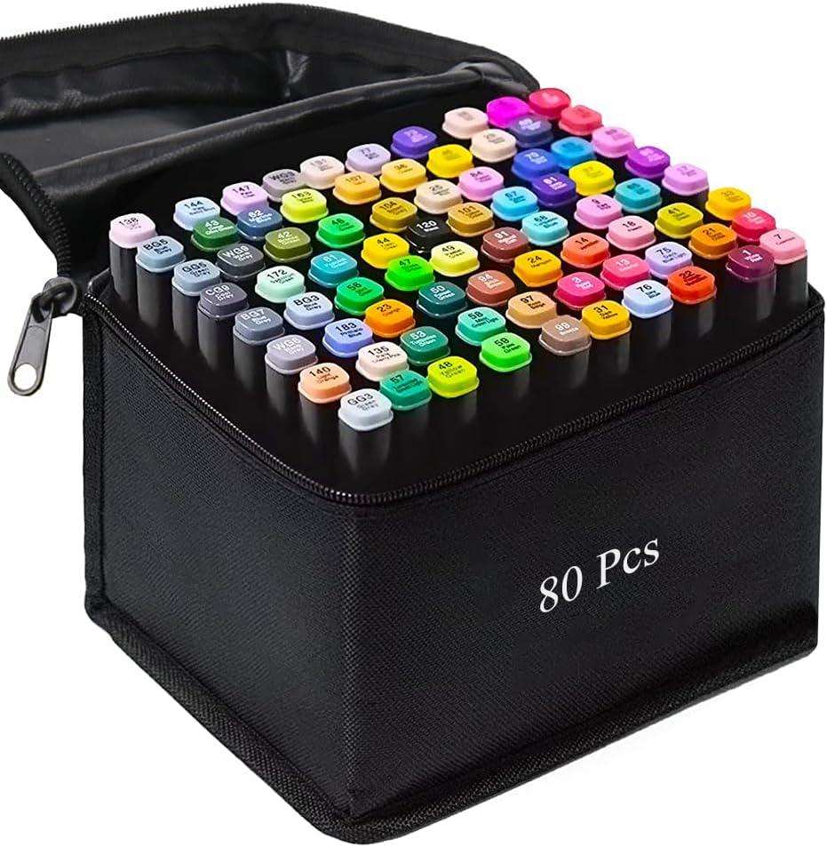 Markers, 80 Colors Art Drawing Markers Set for Kids Adults Dual Tip Permanent Sketch Markers, with Organizing Case