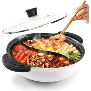 Hot Pot with Divider for Induction Cooker Dual Sided Soup Cookware Two-flavor Chinese Shabu Shabu Pot for Home Party Family Gathering, 4.5 Quart (White)