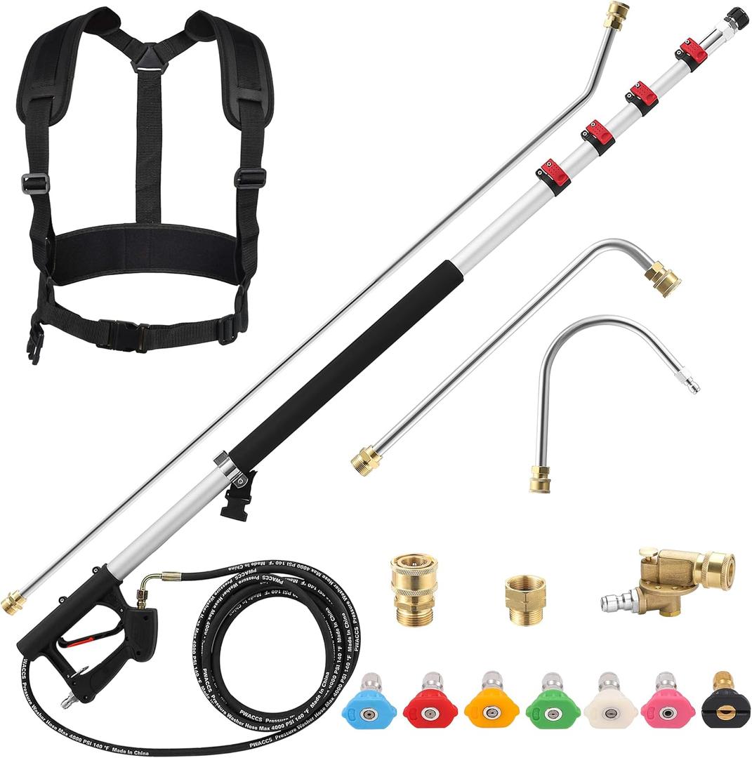 PWACCS 24 FT Telescoping Pressure Washer Wand, Telescopic Spray Wand with Power Washer Extension Wands, Gutter Cleaner Attachment Kit with 7 Nozzle Tips, 2 Adapters, Pivoting Coupler and Support Belt 