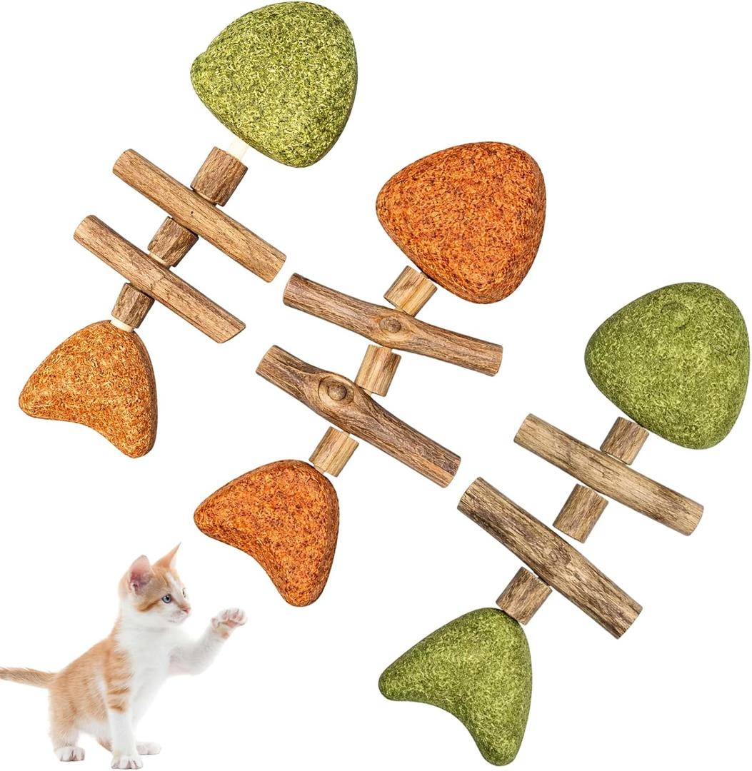 Cat Chew Toy, Interactive Cat Toy with Catnip, Dental Care for Cats, Teething Toy for Indoor Cats, 3-Pack Fish Bone Shape in Mixed Flavors 16x6 cm
