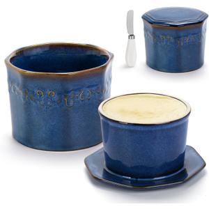 9.8oz Butter Crock for Counter with Water Line, Large Capacity French Butter Dish with Lid & Spreader, Ceramic Butter Keeper for Spreadable Soft Butter ( Blue )