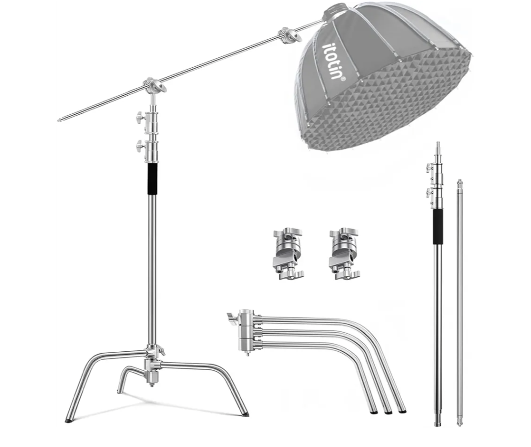 C Stand with Boom Arm Stainless Steel C Light Stands Heavy Duty, Max Height 10.5ft/320cm, with 4.2ft/128cm Holding Arm, for Photography Studio, Reflector, Umbrella, Softbox