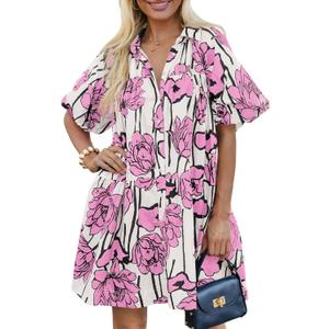 Women's Summer Short Puff Sleeve Floral Dress Button Down Loose Fit Casual Shirt Dresses (Pink, L)