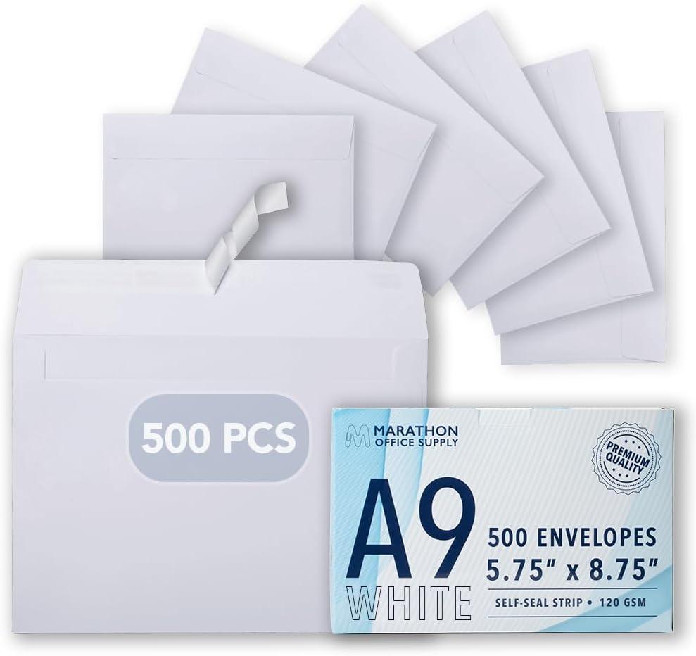 MOS A9 White Envelopes 5.75 x 8.75 Inch 500 Pack  Self-Seal Heavyweight Invitation Envelopes for Greeting Cards, Card Making, RSVP, Wedding Invitations, Business Mailings