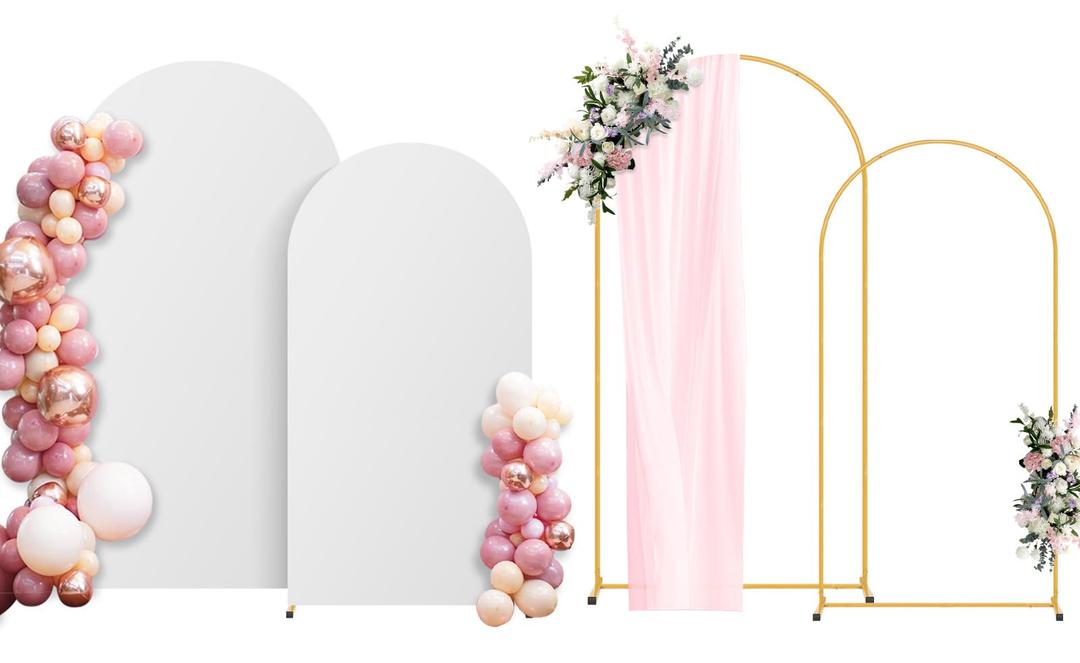 Arch Backdrop Stand and White Cover Set of 2(7.2FT/6FT),Wedding Arch Backdrop Stand,Balloon Arch Stand Metal Frame for Birthday Wedding Baby Shower Garland Party Ceremony Decor