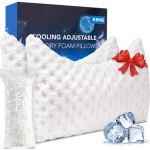 Cooling Side Sleeper Pillow for Neck and Shoulder Pain, Luxury Shredded Memory Foam Curved Bed Pillows for Sleeping Set of 2- Adjustable King Size- Washable Cover Crescent White