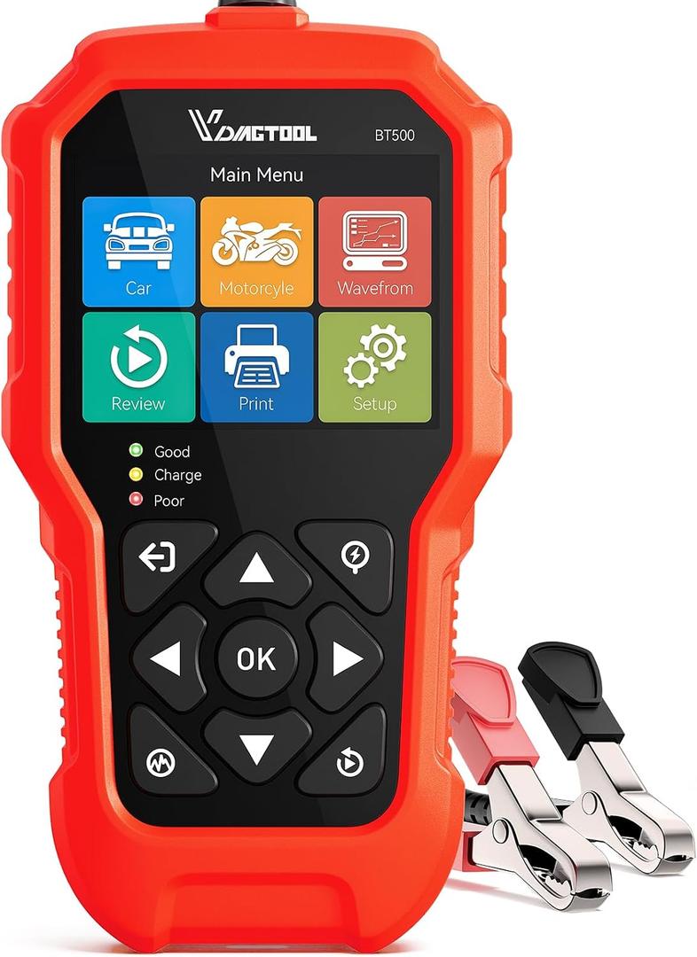 Car Battery Tester 6V 12V 24V VDIAGTOOL BT500, 5-3000 CCA Battery Load Tester, Starter Alternator Tester Automotive Charging Cranking System Analyzer for Car Truck Motorcycle SUV ATV Boat