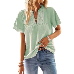 Women's Tops Butterfly Sleeve V Neck Blouses for Women Dressy Casual Flowy Swiss Dot Ruffle Short Sleeve Shirts (Small, Light Green)