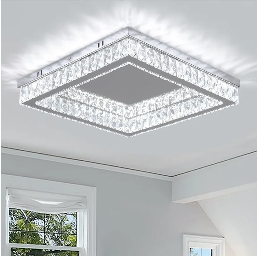 Finktonglan Modern Square Crystal LED Ceiling Light - 17.7 inch Flush Mount Stainless Steel Chandelier for Living Room, Bedroom, Dining Room, 6000K, 34 Watts, square cool white