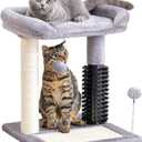 Made4Pets Small Cat Tree Tower, Cat Scratching Post 4-in-1 with Self Groomer Brush, 20" Tall Natural Sisal Cat Scratcher, Plush Perch Bed with Dangling Ball for Indoor Kittens, Grey