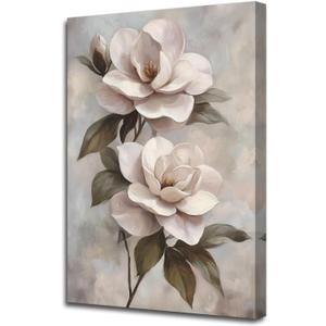 PBXBJY Magnolia Flower Canvas Wall Art Vintage Floral Painting Rustic Picture Print Light Pink Flowers on Grey Background Poster Plants Bathroom Bedroom Decor (16.00" x 24.00")