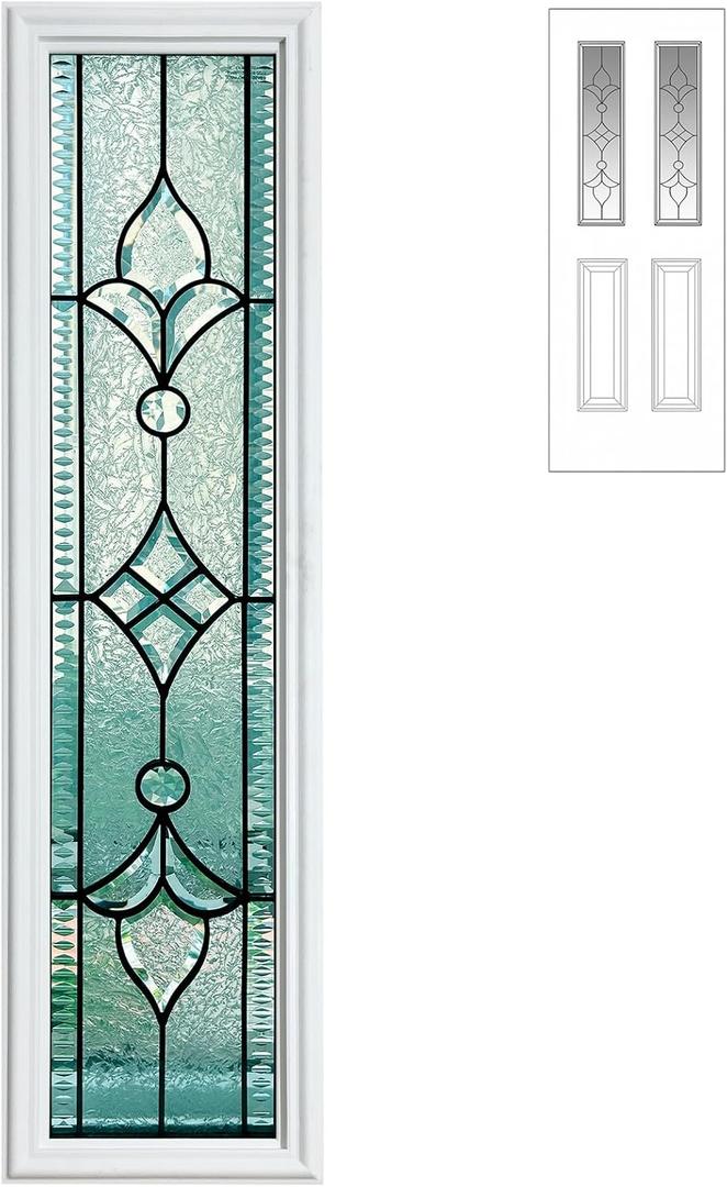 Pushglossy 1 Pcs 8" x 36" Entry Door Glass Window Insert White Raised Frame Nouveau Exterior Front Door Sidelite Inserts Replacement Kit for Home Improvement (Patina Caming)
