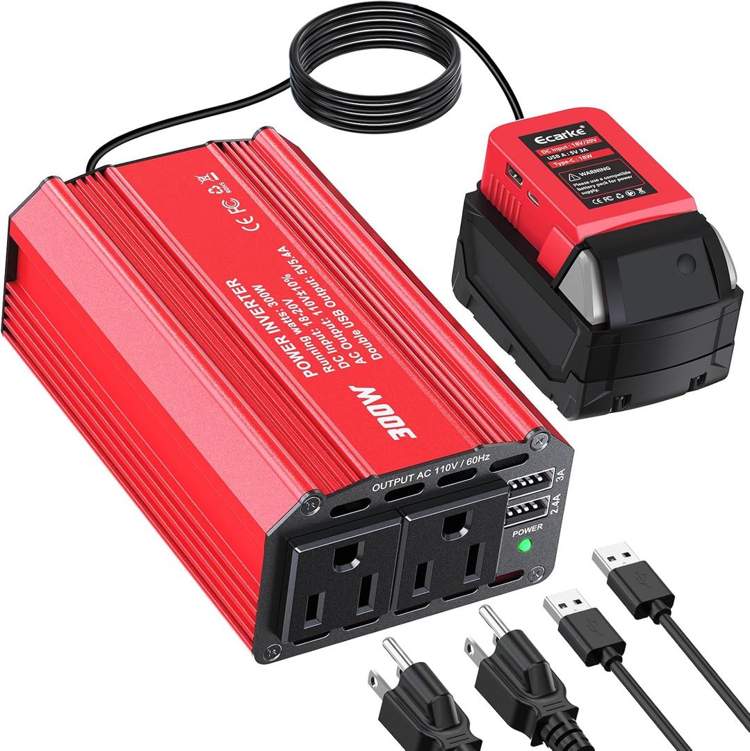 Ecarke 300W Portable Power Inverter Compatible with Milwaukee 18V Battery, DC 20V to AC 110V Power Station with 2 AC Outlets, 3 USB Ports & 1 Type-C 18W, for Camping RV Emergency Use (No Battery) (Red)