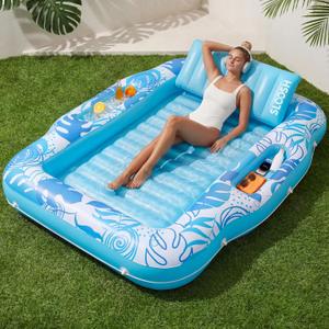 SLOOSH Inflatable Tanning Pool Lounger Float, 70" x 53" Pool Floats Adult with Cooler, 6 in 1 Suntan Tub Raft Floatie,Sunbathing Bed Lounge for Water Blow Up Ball Pit Party Gifts