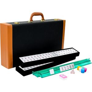 Premium Mahjong Tile Set, American Mahjong Set with 4 Racks and Pushers, 166 Mah Jongg Tiles with Wind Indicator, Dice & Chips, Manual, All In One Mahjong Gifts for Travel (Black Leatherette Case)