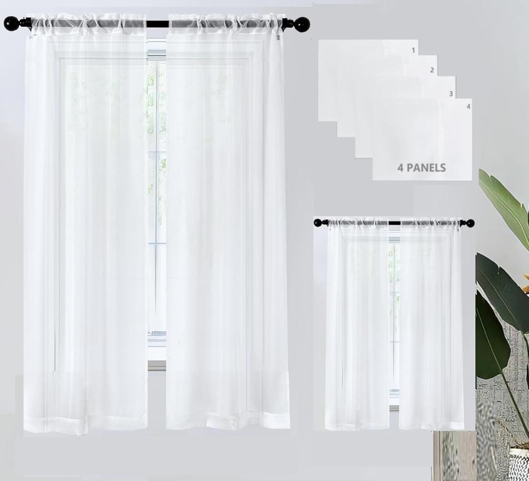 PI Sheer White Curtains 4 Panels,Window Treatment Light Filter Airy Voile with Rod Pocket for Living Room/Bedroom/Kids Room(W42XL72,Optical White)