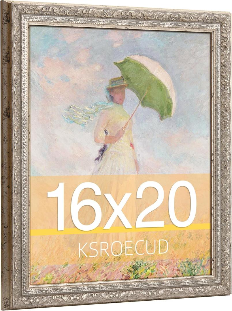 16x20 Picture Frame, HD Real Glass 16x20 Ornate Vintage Photo Frame, 16 by 20 Oil Painting Poster Frame with Vintage Silver Border and Distressed Rust-Like Finish, Horizontal & Vertical Display for Tabletop or Wall Decor (1 Pack）