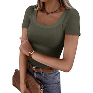 Women Short Sleeve Tops Ribbed Knit Slim Fit U Neck Top Basic Tee Shirts for Summer Casual Trendy Blouse (Large, Army Green)