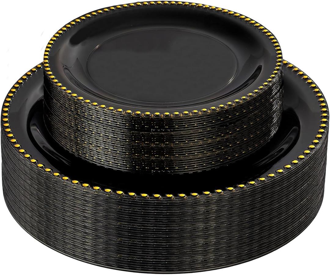 Rubtlamp 60Pcs Black Plastic Plates, Black Disposable Plates With Gold Beaded, Clear Heavy-duty Party Plates, Fancy Plastic Plates Include 30 Dessert Platos, 30 Dinner Platos for Party, Halloween
