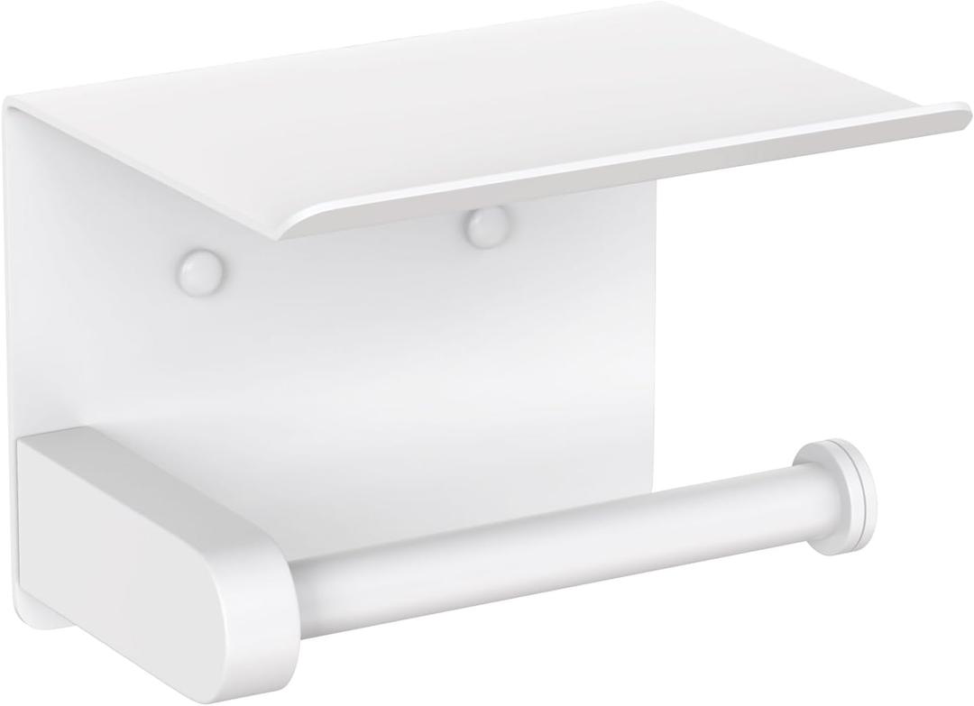 VAEHOLD Self Adhesive Toilet Paper Holder with Phone Shelf Stainless Steel Wall Mounted Toilet Paper Roll Holder - Bathroom Washroom Tissue Roll Holder with Storage Shelf - White