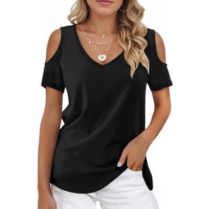 Buauty Women's Summer Trendy Shirts V Neck Criss Cross Cold Shoulder Tops Solid Color Fashion Casual Loose Sexy Blouse (Black, M)
