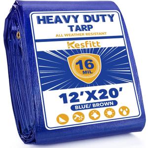 Kesfitt Tarp Heavy Duty Waterproof 12x20FT,16 Mil Thick Tarps Tear&Fade Resistant,UV Resistant,Poly Tarp Cover with Grommets and Reinforced Edges for Outdoor Camping Pools Boat Car(Blue/Brown)