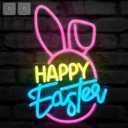 Baquler Happy Easter Neon Sign Easter Festival Lighted Window Decorations LED Aesthetic Living Room Decor Rabbit Decorative Neon Window Lights for Girls Kids Bedroom Wall Home