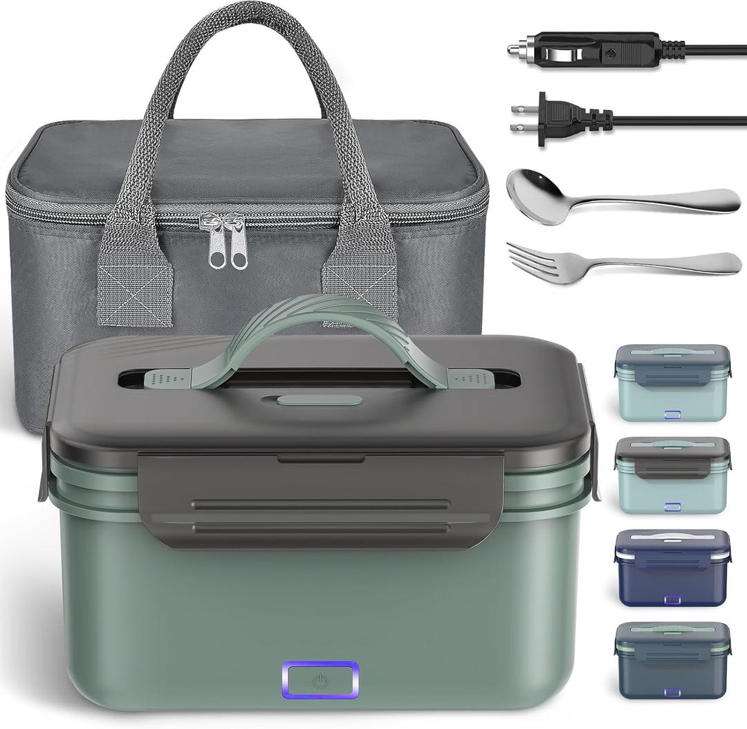 Electric Lunch Box Food Heater, 1.8L Heating Lunch Box for Work/Car/Truck, Heated Lunch Boxes for Adults with 1.8L Stainless Steel Container, 12V 24V 110V (Green + Gray)